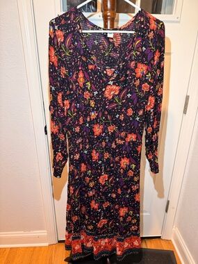 Old Navy LG Black Long Sleeve Maxi Dress with Orange and Purple Floral Print
